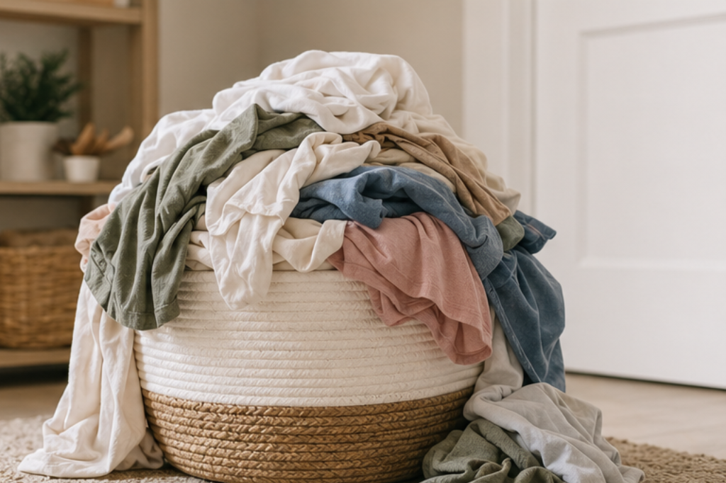 A large basket overflowing with clean laundry in a bright home setting, representing the convenience of professional wash and fold laundry services.