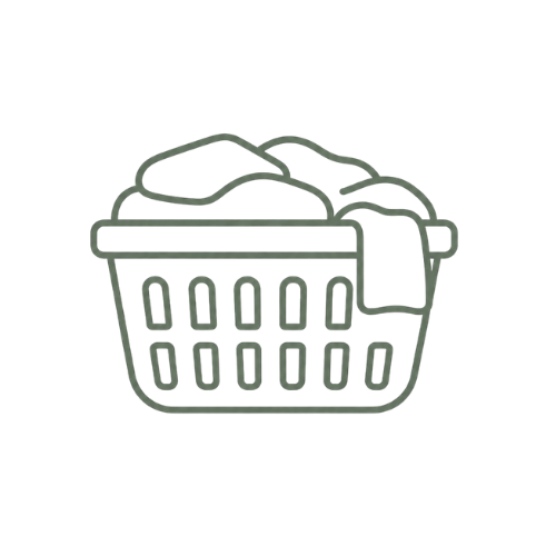 Outline of a laundry basket filled with clothes on a dark background.