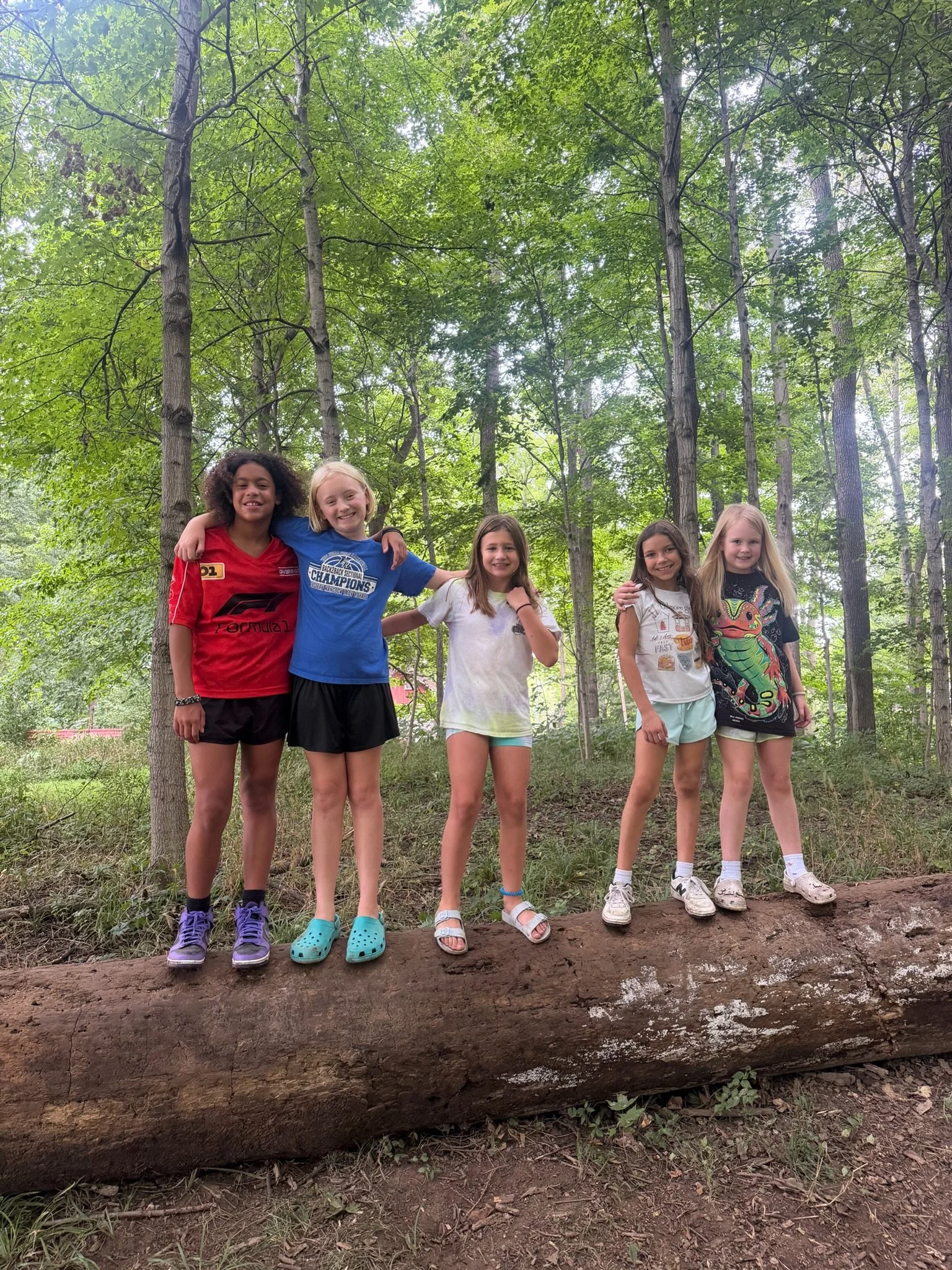 Five students stand together with their arms around one another on a fallen log in the woods.