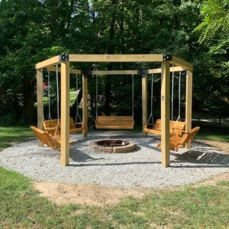 hexagon wooden frame with five bench swings surrounding a firepit