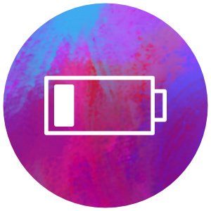 A colorful, tie-dye background with a white outline of a low battery icon.