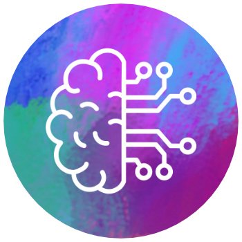 A colorful circular background with a white icon of a brain on the left and circuit lines on the right, symbolizing artificial intelligence or technology.