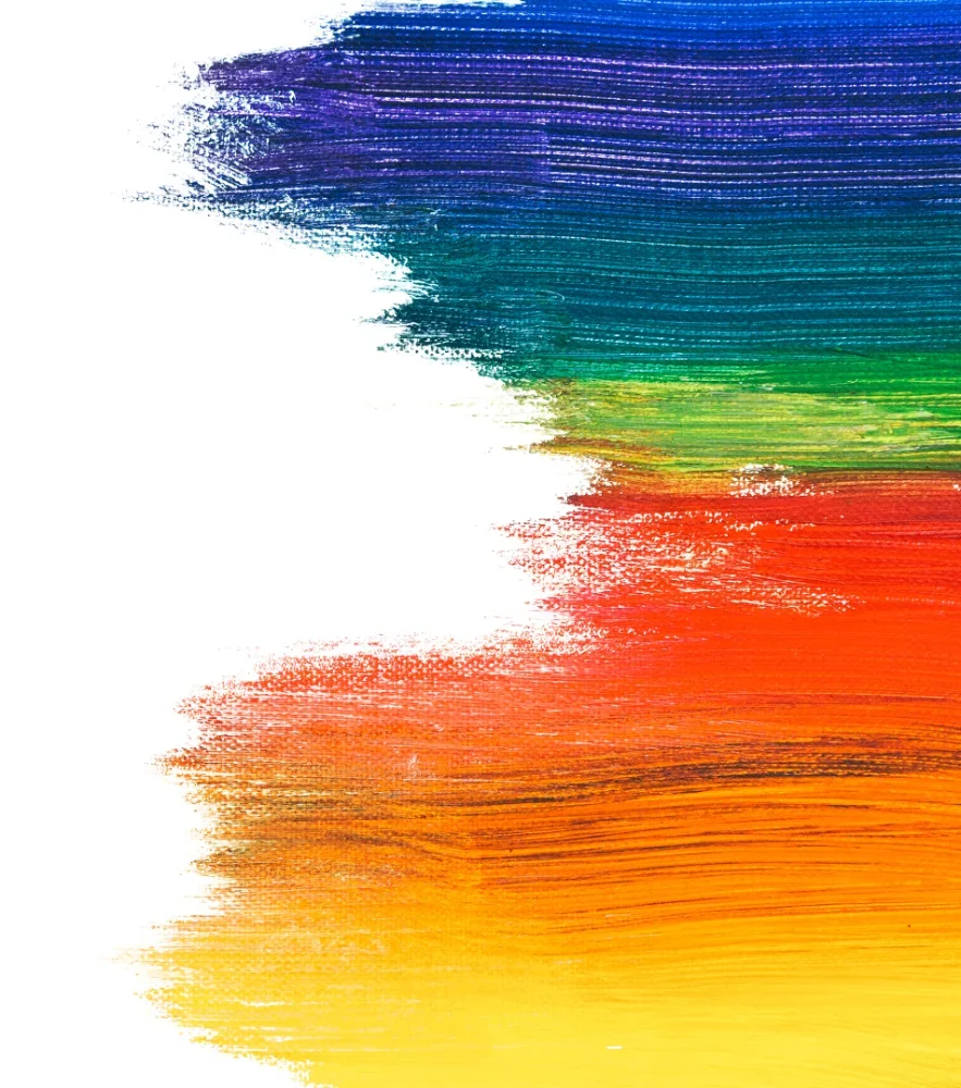 Abstract colorful paint stroke with shades of purple, blue, green, yellow, and orange on a white background.