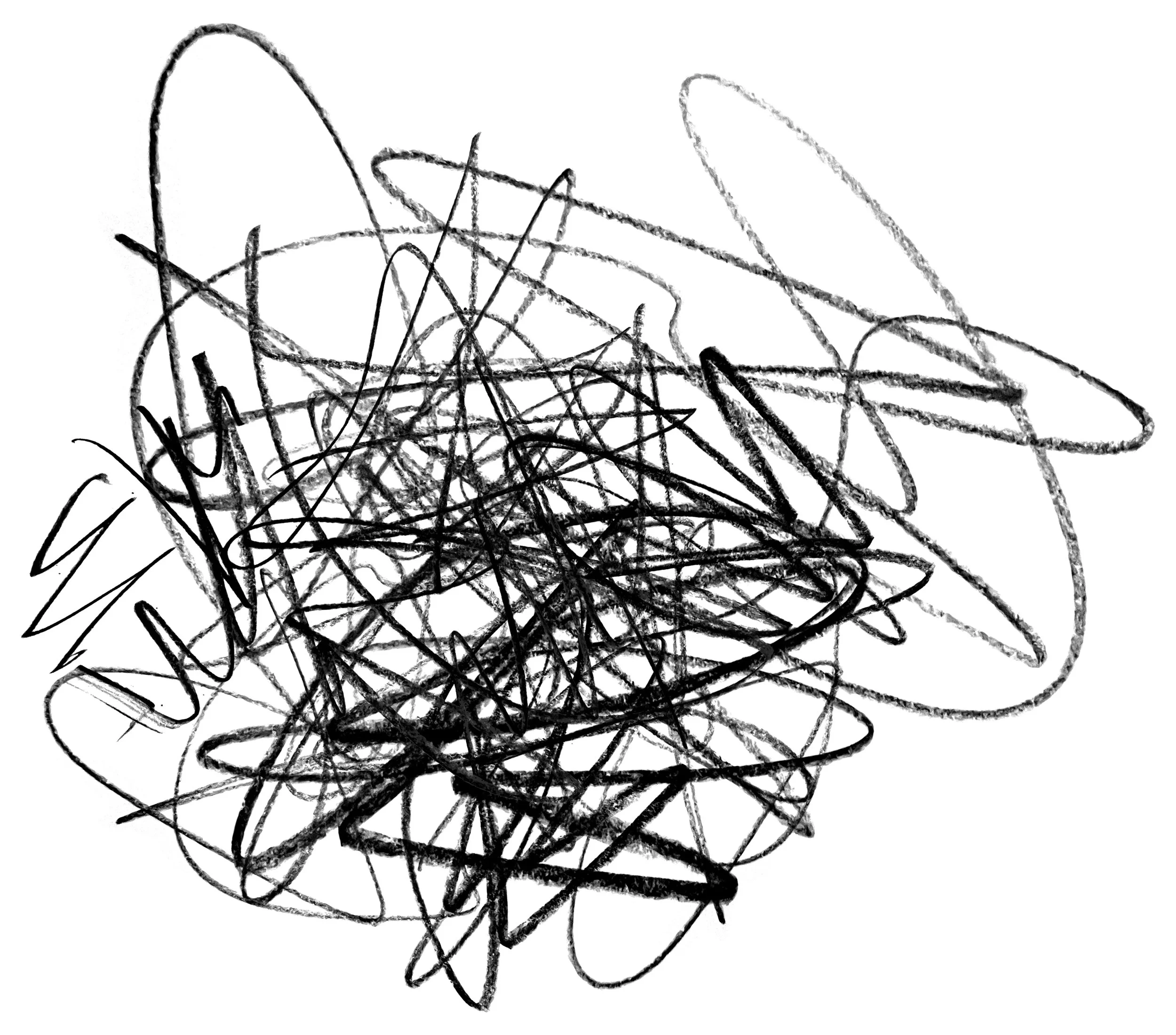 A black and white abstract drawing with various overlapping, random, curly, zigzag, and straight lines on a white background.