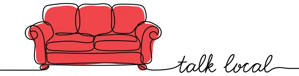 Illustration of a red couch with the text "talk local" underneath.
