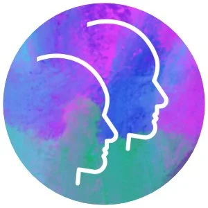 Illustration of two white outlined human profiles facing right on a colorful purple and blue watercolor background.