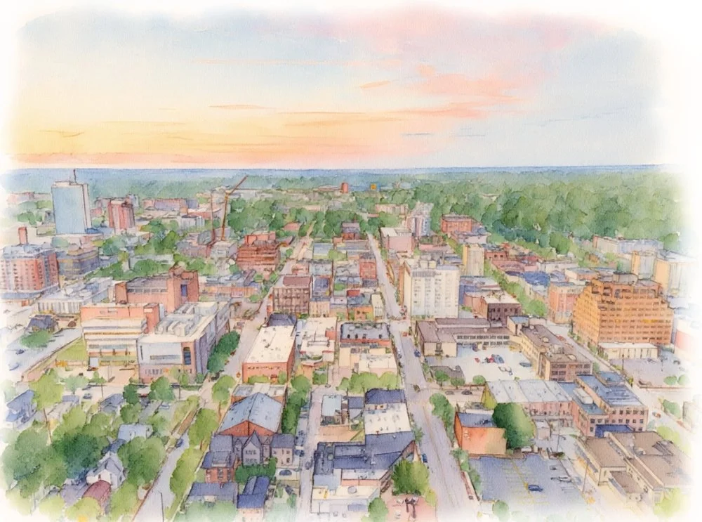 Watercolor illustration of a cityscape at sunset showing buildings, streets, and trees.