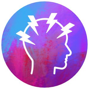 Outline of a human head with lightning bolts around the top, set against a colorful purple and blue circular background.