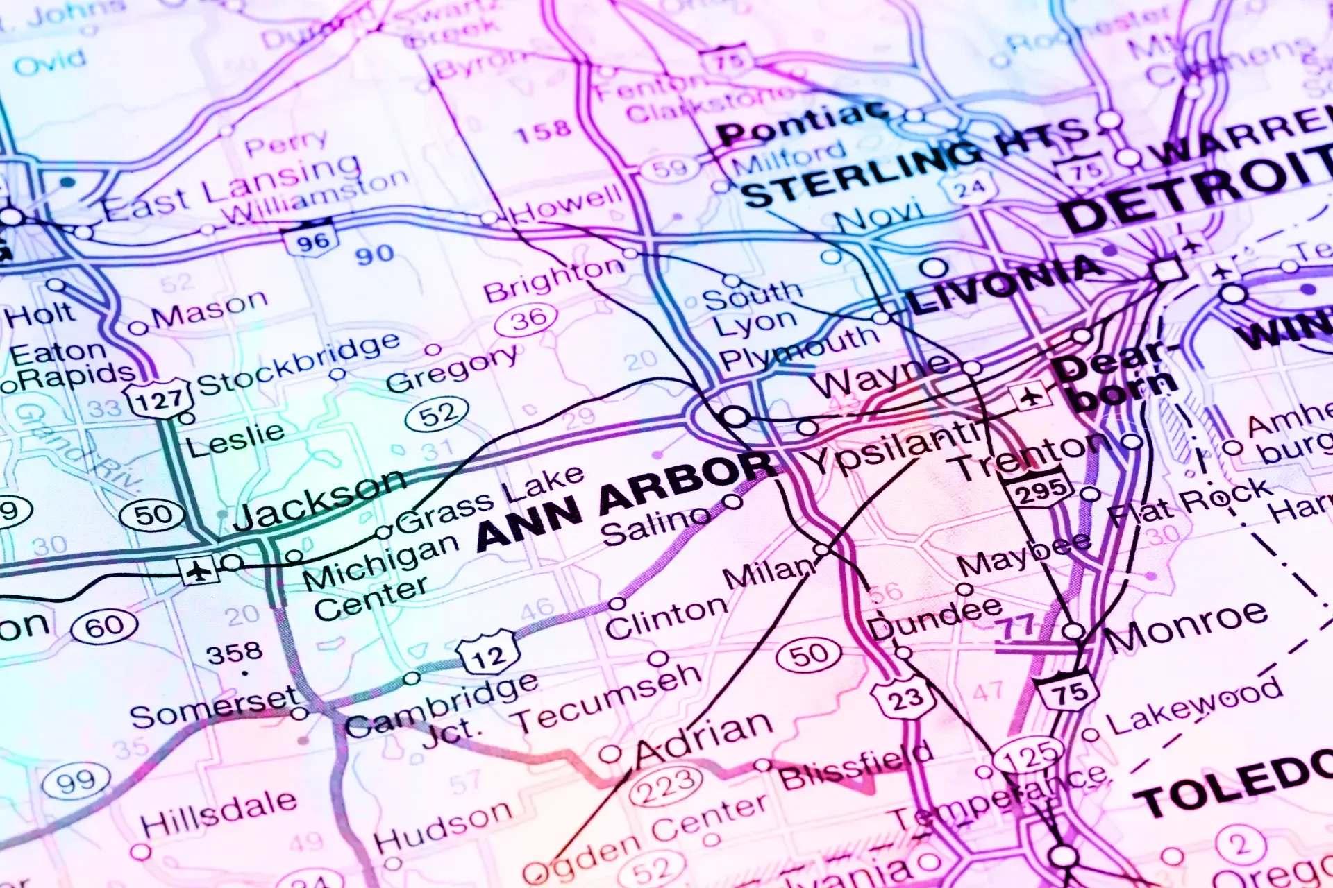 colorful map of Ann Arbor Michigan and the surrounding neighborhoods and cities