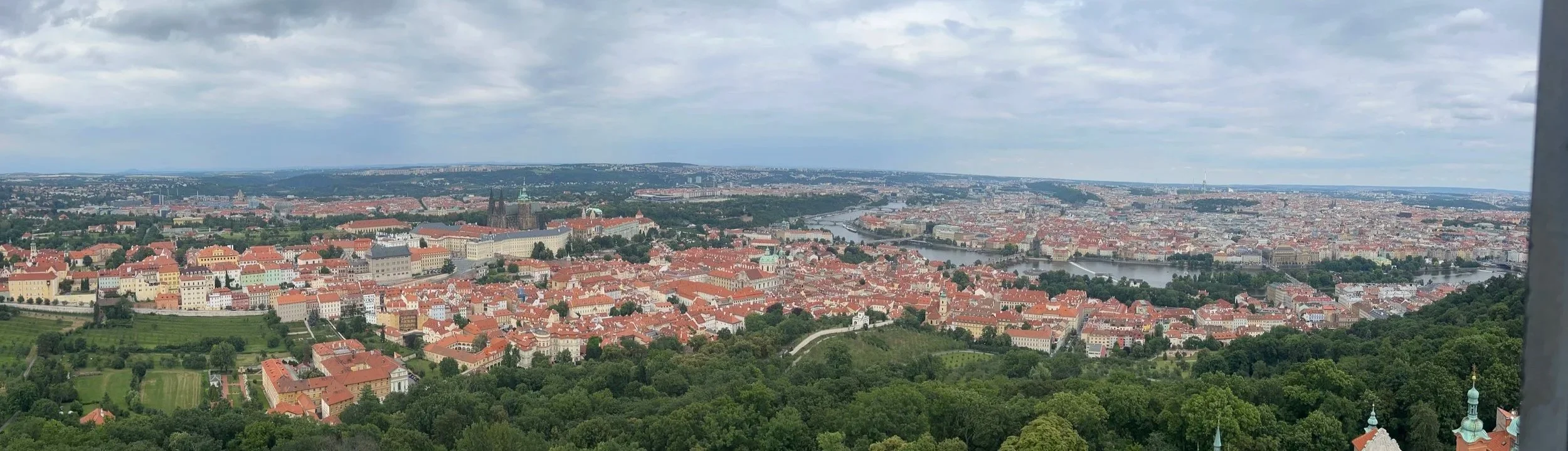 Calming Panoramic view of Prague and historic architecture, a winding river, and lush green parks under a soft, cloudy sky.