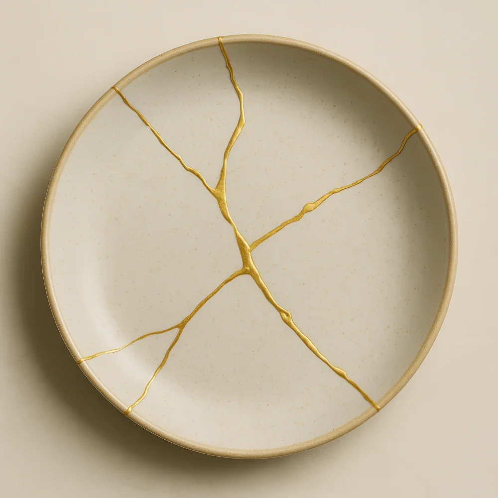 A round ceramic plate with a beige exterior and a white interior, decorated with a gold-colored crackled pattern resembling a broken surface.