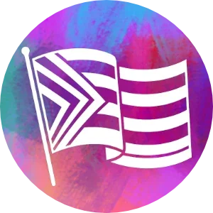 A circular design with stripes representing the LGBTQ+ rainbow flag in rainbow colors.