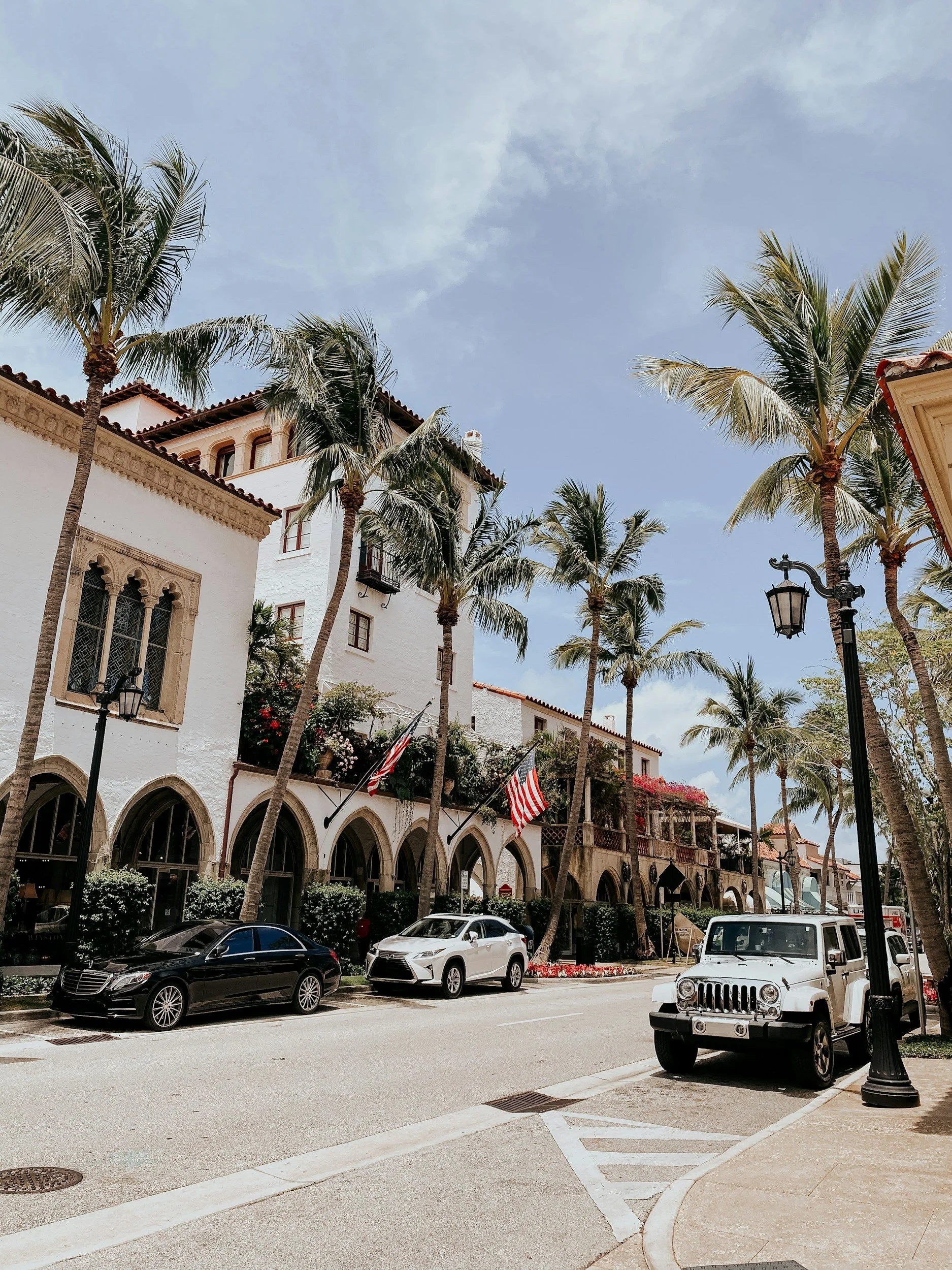 Palm Beach street view with parked cars, palm trees, white buildings with arched windows, flags, and a lamp post under a partly cloudy sky.