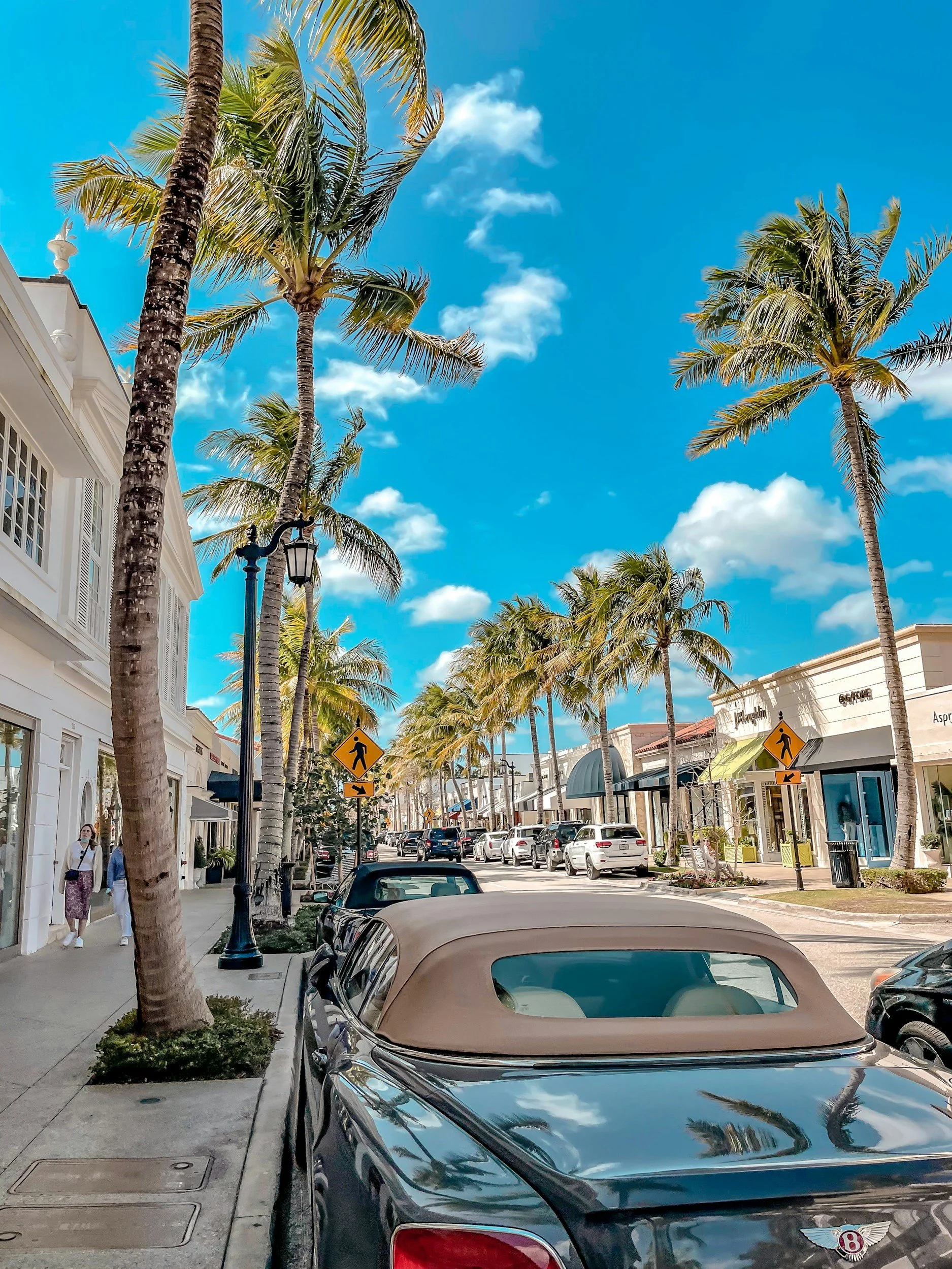 A Palm Beach street lined with palm trees, buildings, and parked luxury cars. Blue sky with some clouds. Pedestrians walking on the sidewalk.