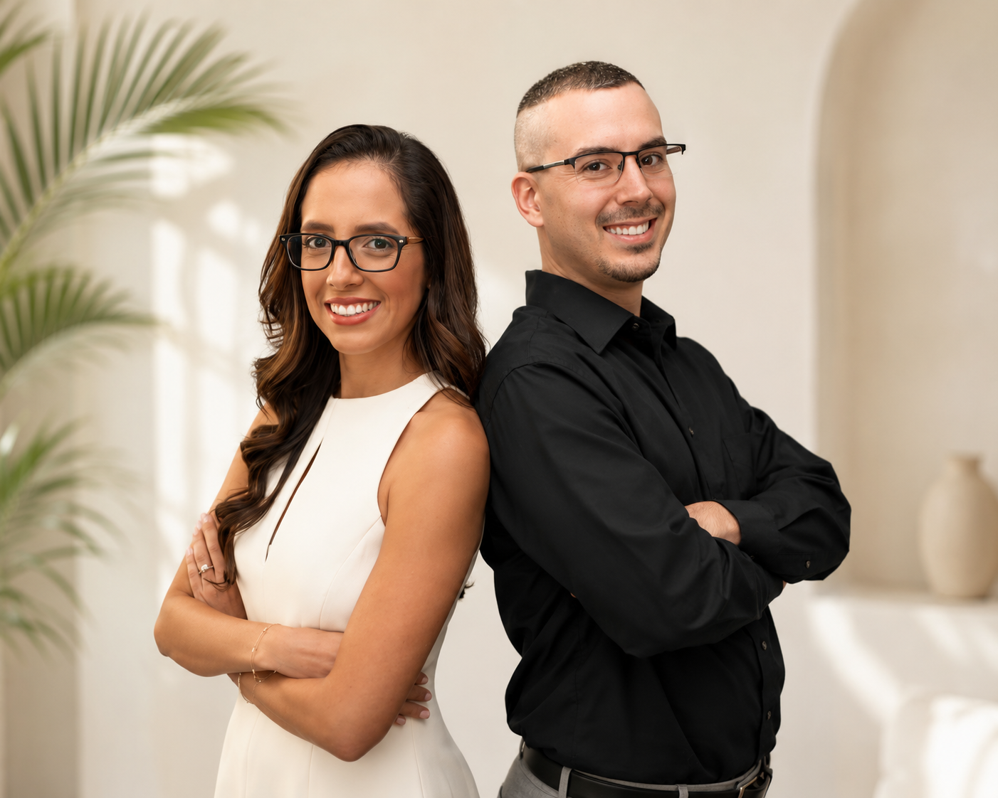 A smiling woman (Pamela) in a white sleeveless dress and a man (Michael) in a black shirt with glasses standing back-to-back with arms crossed in a neutral-colored room with a plant and a decorative vase.