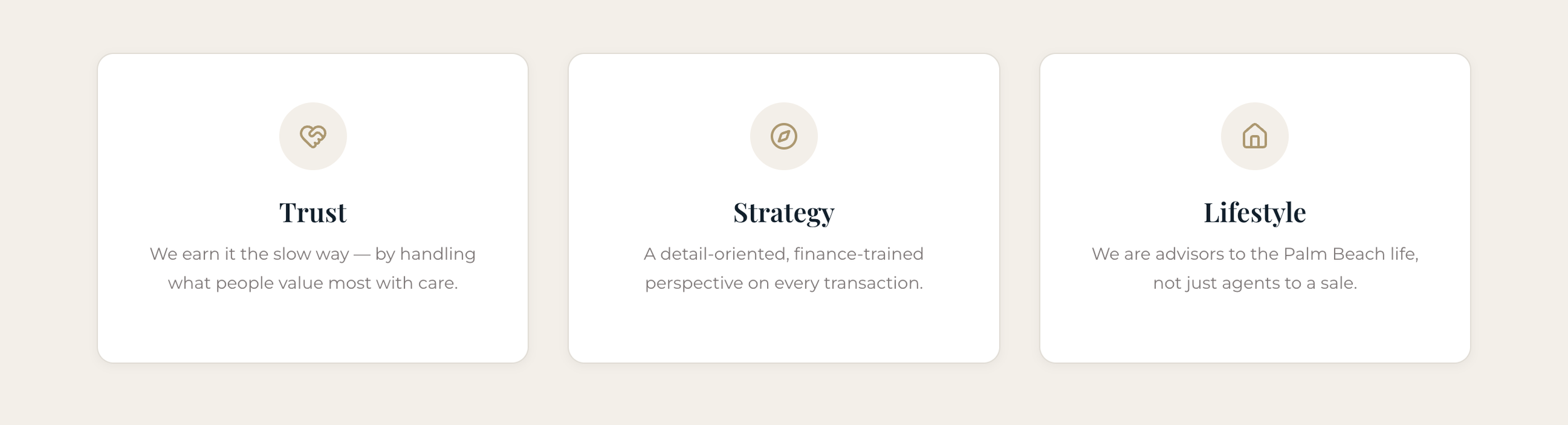 Three white cards with icons and text on a beige background. The first card has a hand with a heart icon and the word 'Trust,' with smaller text about handling what people value most with care. The second card has a compass icon and the word 'Strategy,' with smaller text about a detail-oriented, finance-trained perspective. The third card has a house icon and the word 'Lifestyle,' with smaller text about advising on Palm Beach life, not just selling.