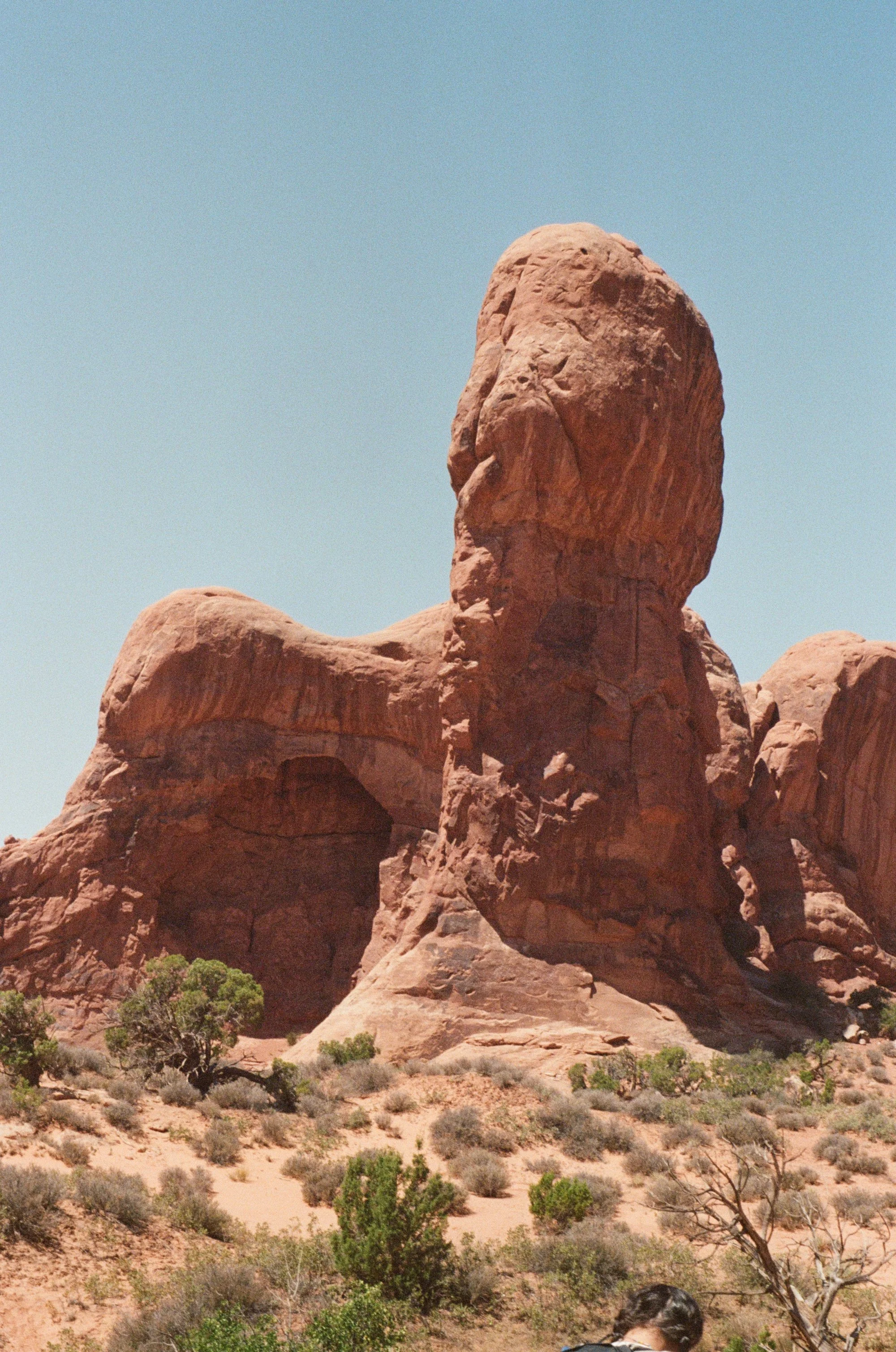 Large red rock formation resembling a seated figure in a desert landscape with sparse vegetation and clear blue sky.
