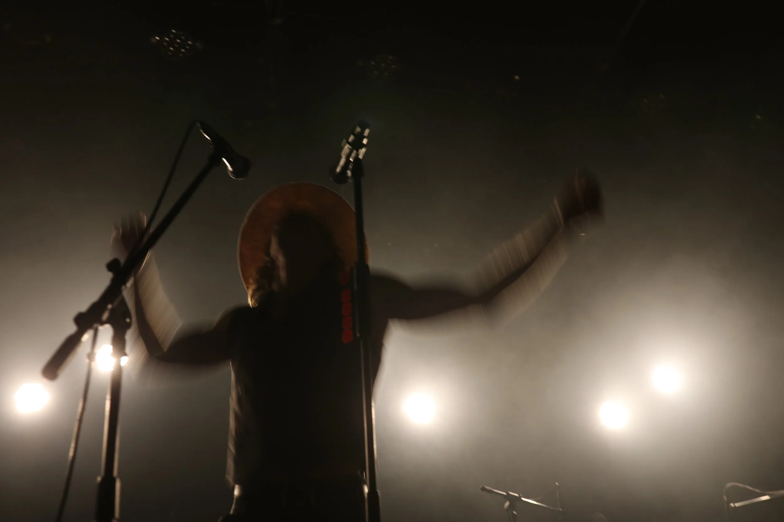 A silhouetted singer with a hat performing on stage with arms raised, illuminated by stage lights behind them.