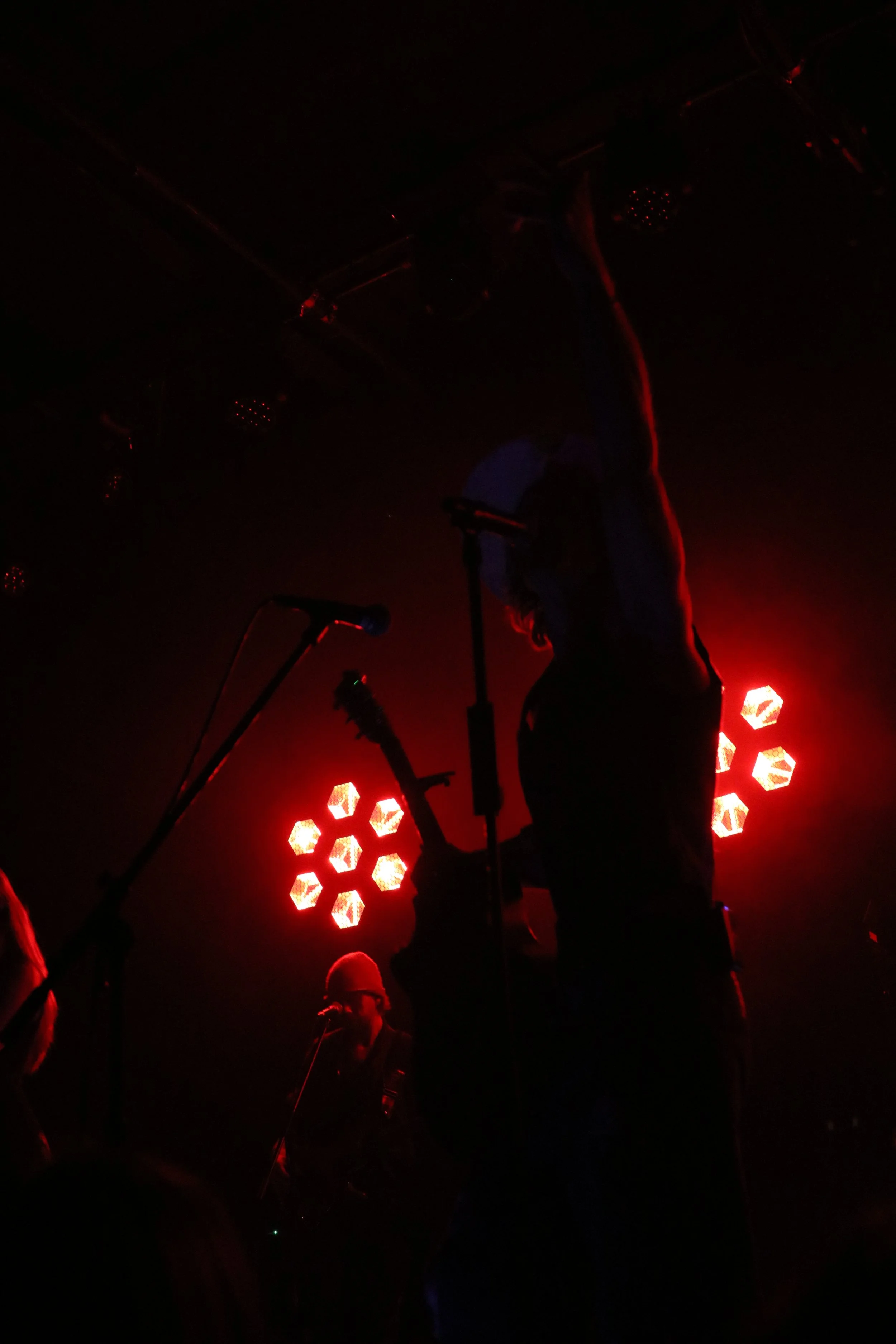 Silhouettes of musicians performing on stage with red lighting and hexagonal stage lights.