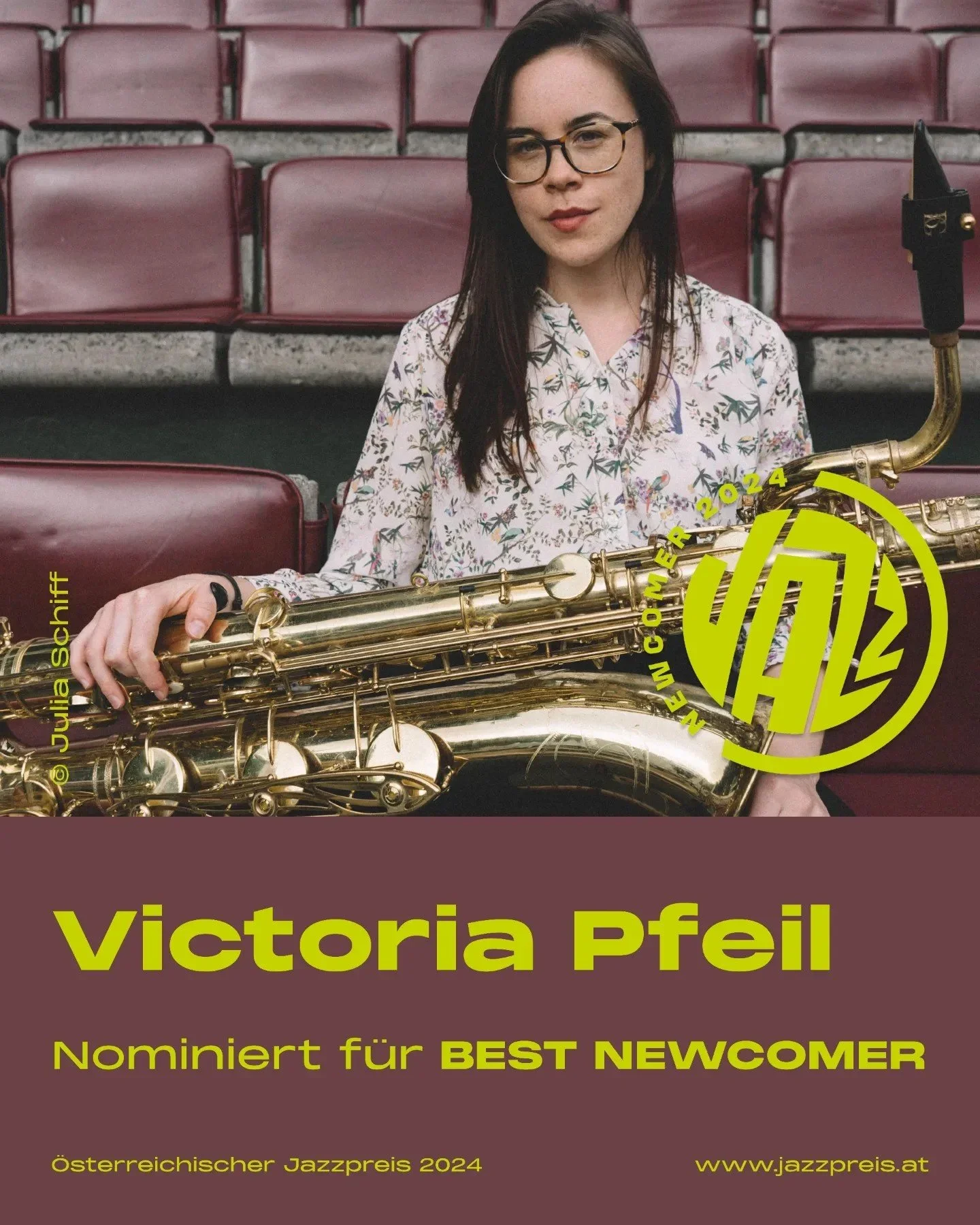 Poster of Victoria Pfeil with a saxophone, sitting in a stadium with empty maroon seats, promoting her nomination for the Austrian Jazz Prize 2024.