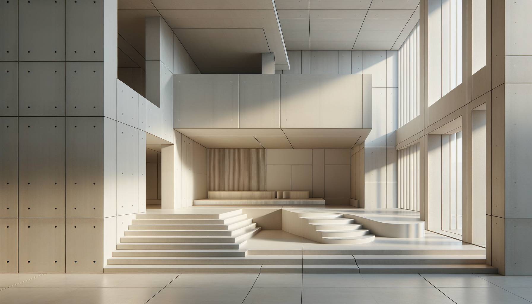 Minimalist interior with steps, curved platform, and large windows, all in neutral tones and modern design.