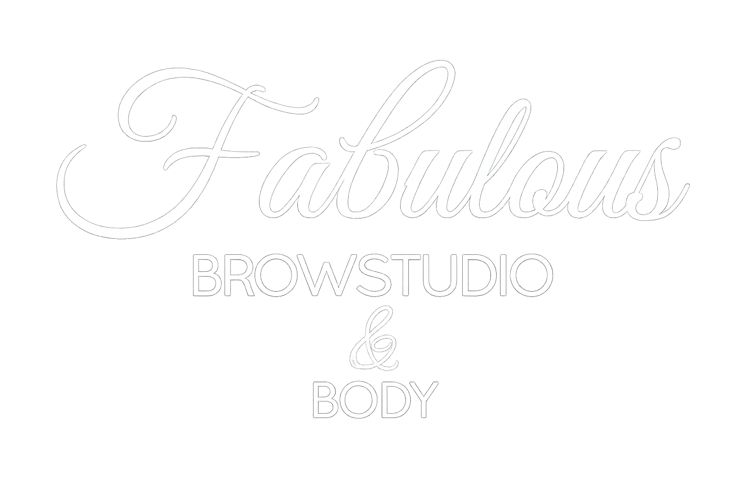 Fabulous Brow Studio & Body logo in white cursive and block font on black background.