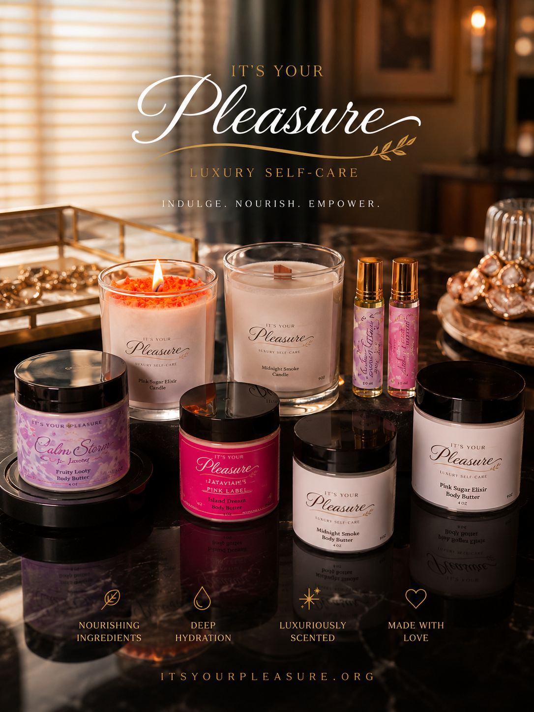 Collection of luxury self-care products including candles, body butters, and perfume rollers on a black marble surface with a blurred background and a logo promoting indulgence, nourishment, scent, and love.