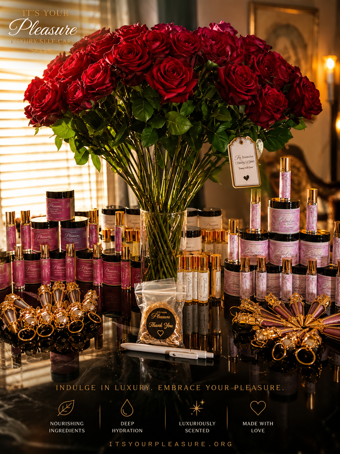 A large bouquet of red roses in a clear glass vase surrounded by luxury skincare products, jewelry, pens, and a thank you gift, with a cozy indoor setting and warm lighting.