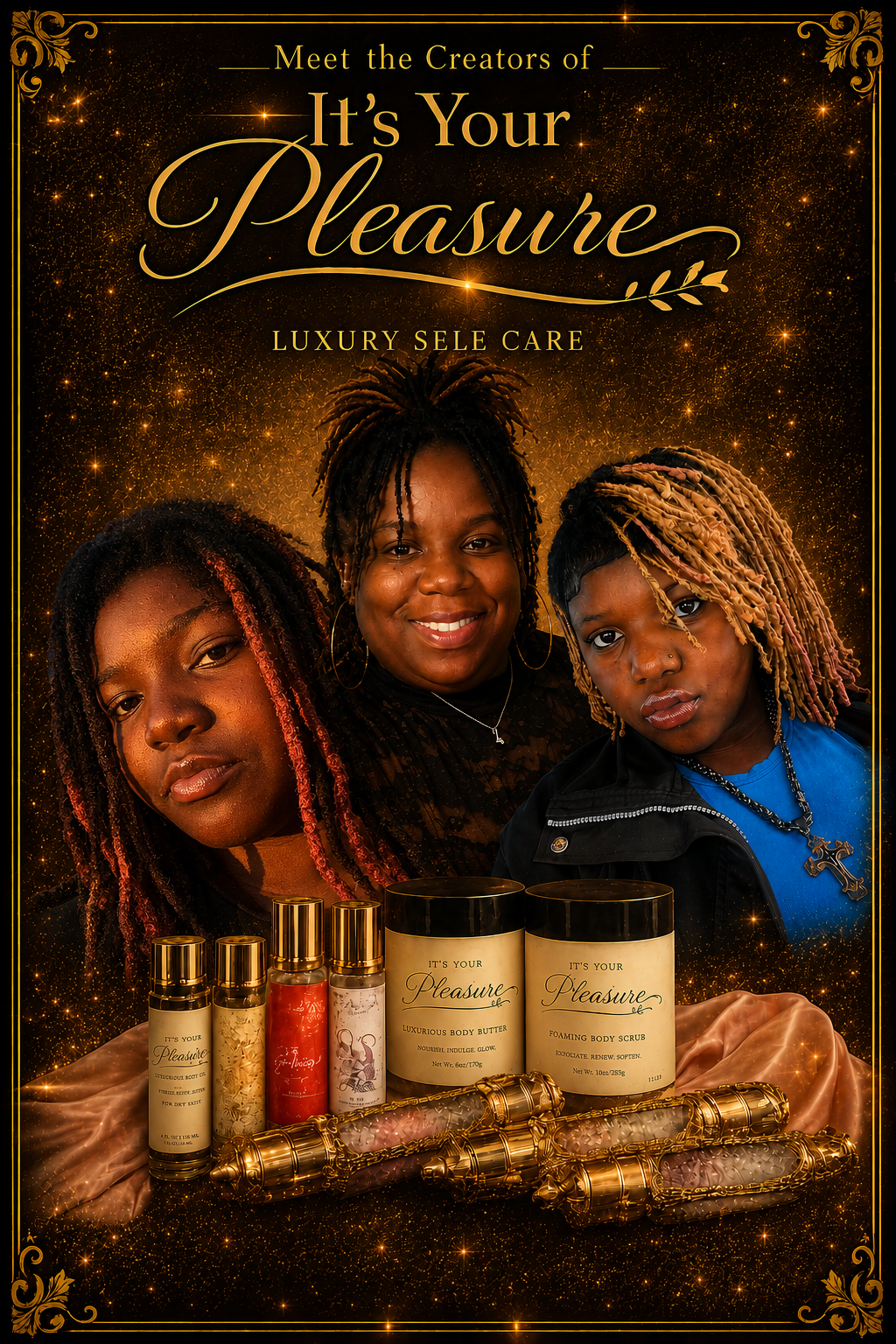 Promotional poster for luxury skincare brand 'It's Your Pleasure' featuring three women with dreadlocks, surrounded by gold and glitter effects, showcasing skincare products including body butter, body scrub, and oils.