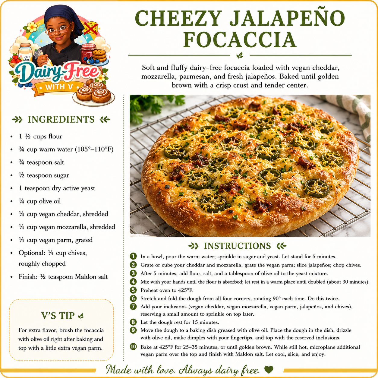 Dairy-free jalapeño focaccia bread made with vegan cheese and fresh jalapeños