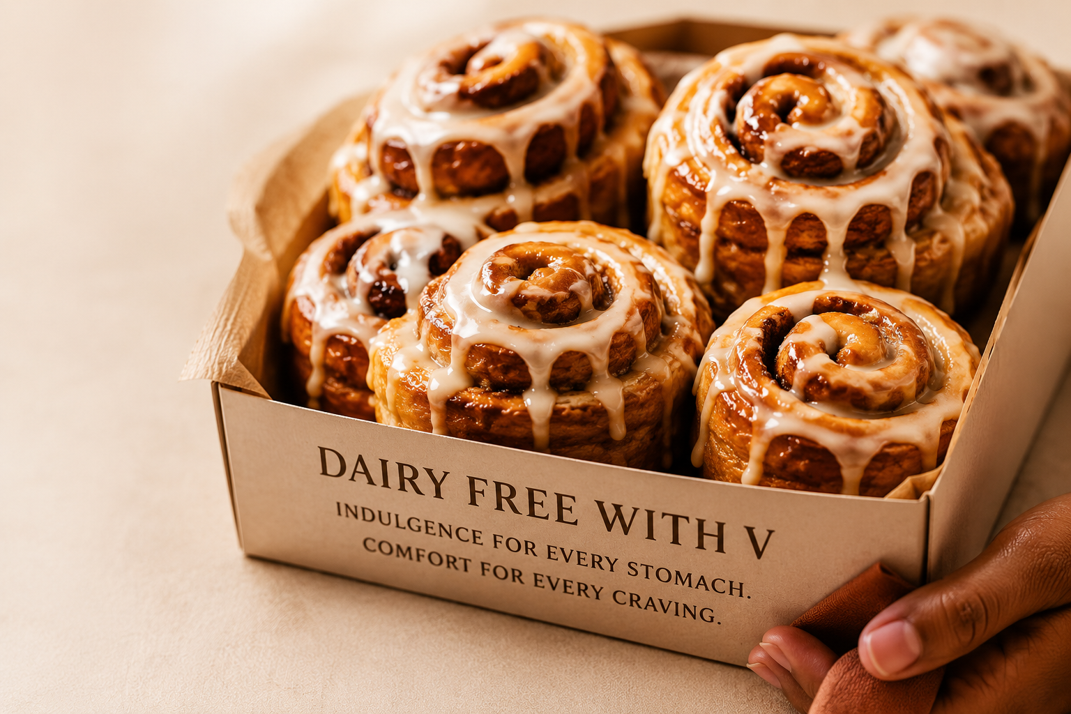 A hand holding a box of cinnamon rolls with white icing, with the label 'Dairy Free with V' and the words 'Indulgence for every stomach, comfort for every craving'.