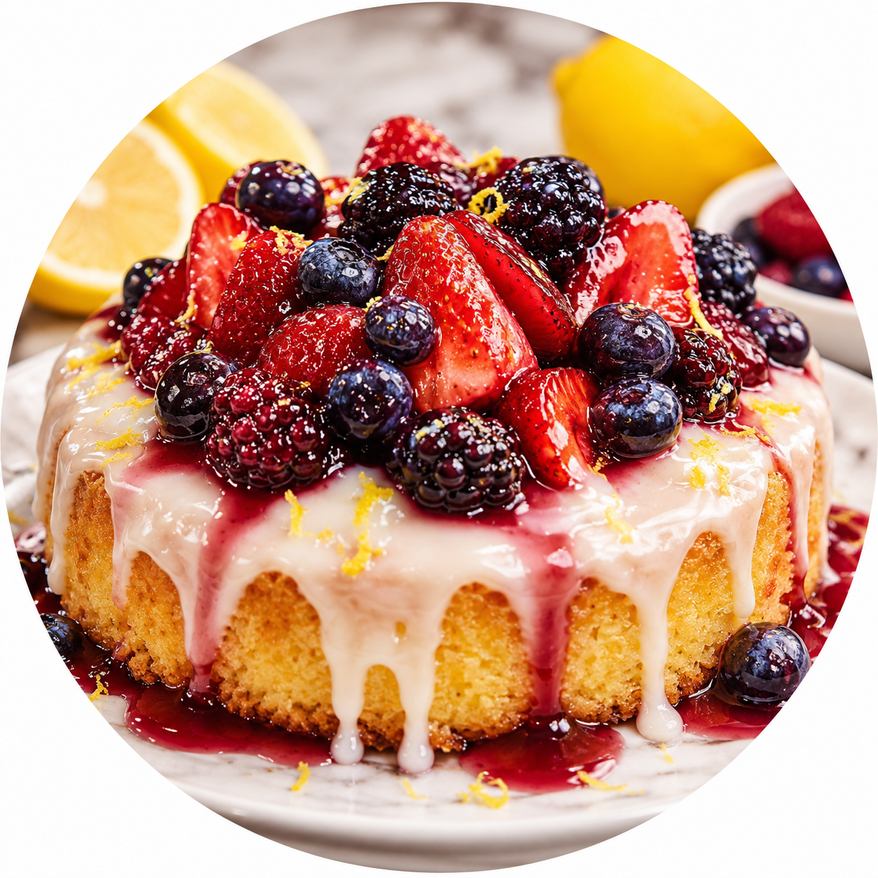 Dairy-free lemon crunch cakes topped with spiked macerated berries and lemon glaze, served as a bright citrus dessert.