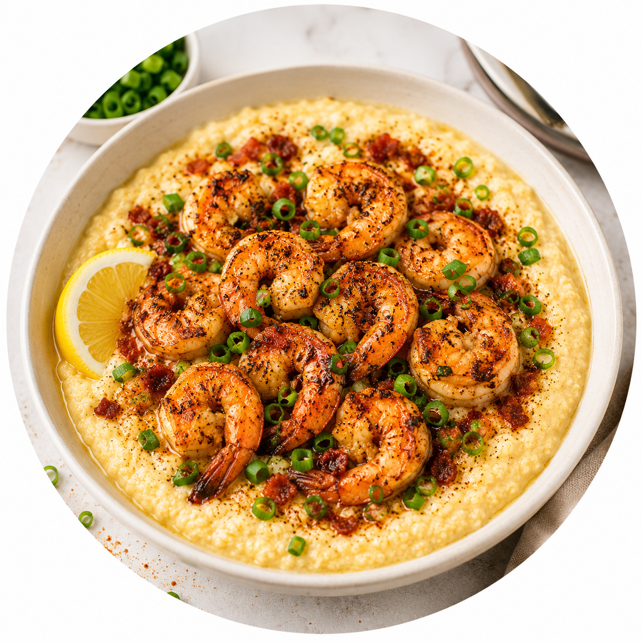 Dairy-free shrimp and grits with Cajun-seasoned shrimp, creamy grits, lemon-pepper beurre blanc, scallions, and chili crisp.