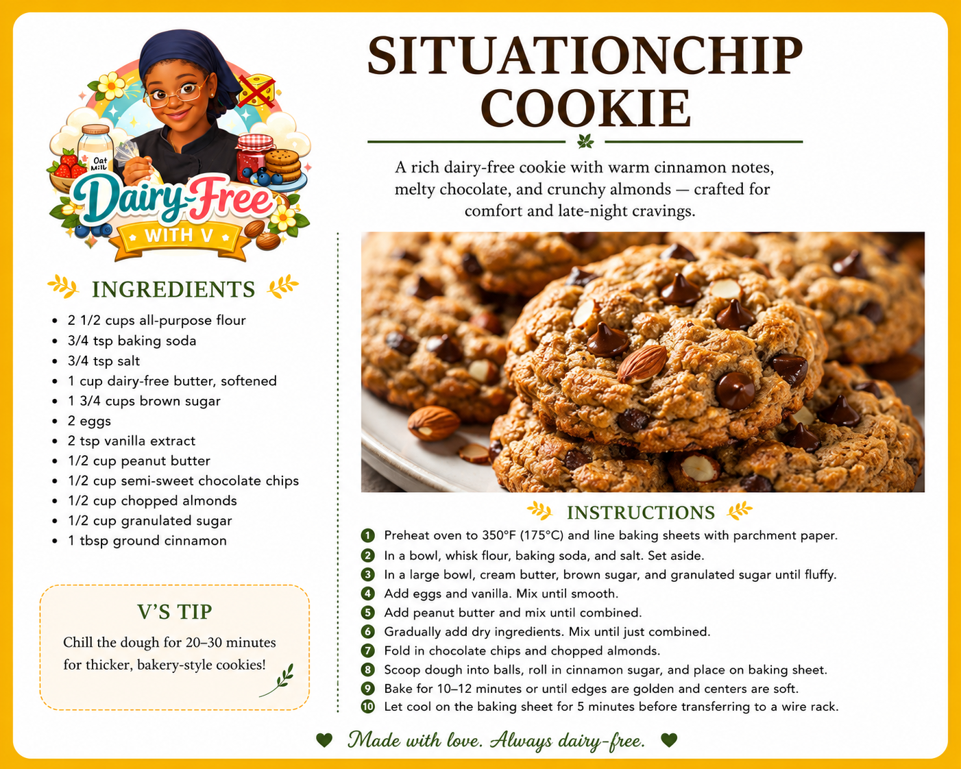 Soft dairy-free Situationchip Cookies with chocolate chips, almonds, and cinnamon.