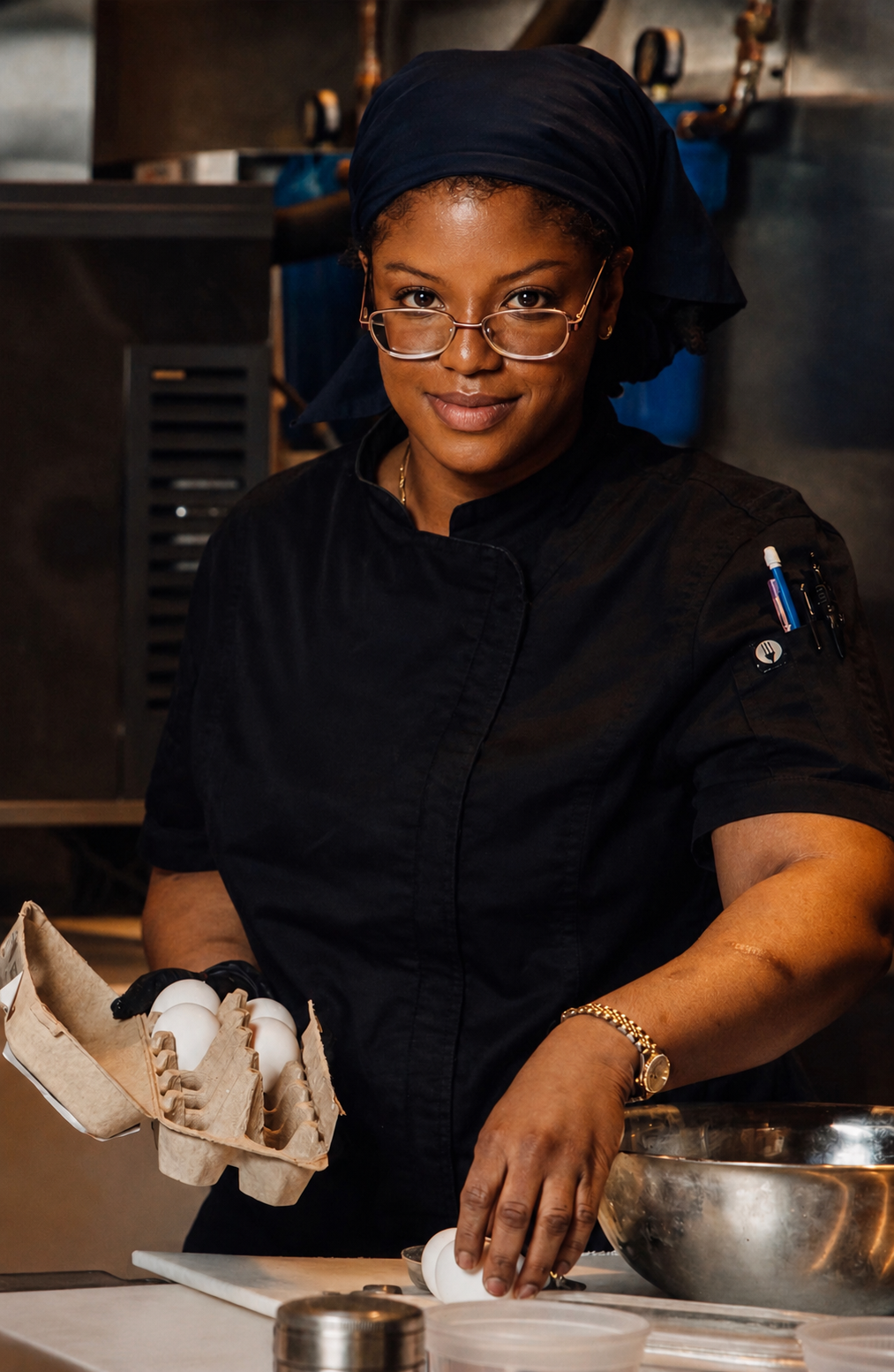A woman in a black chef's coat and headscarf, wearing glasses and a gold watch, standing in a kitchen, holding a carton of eggs and cracking an egg into a metal bowl.