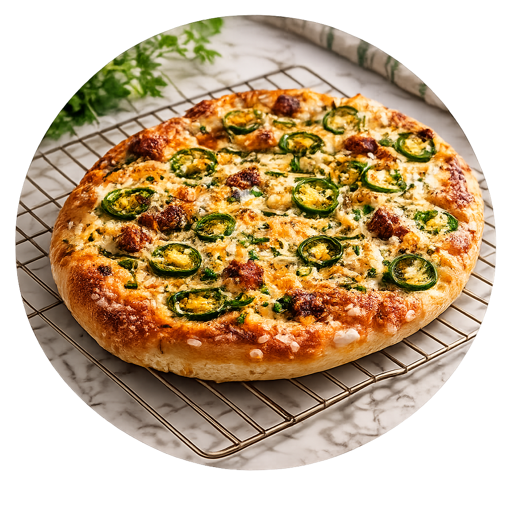 Cheezy Jalapeno Focaccia topped with dairy-free cheese, fresh jalapenos, and herbs