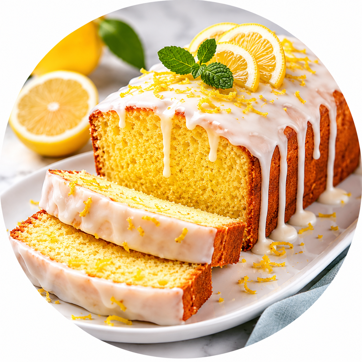 Lemon drizzle cake topped with white icing, lemon slices, lemon zest, and fresh mint, with half lemon and lemon slice in the background.