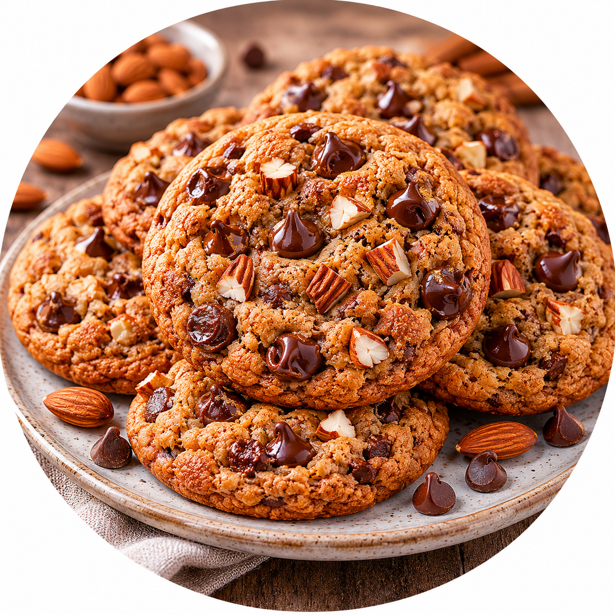 Soft dairy-free Situationchip Cookies with chocolate chips, almonds, and cinnamon.
