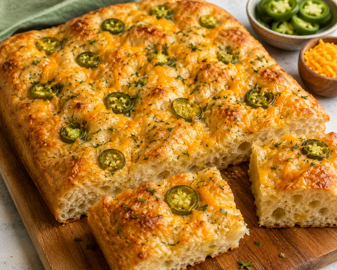 A cheesy jalapeno cornbread on a wooden cutting board with a piece cut out, with small bowls of sliced jalapenos and shredded cheese in the background.