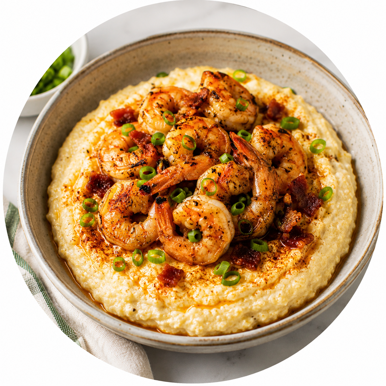 A bowl of creamy mashed potatoes topped with grilled shrimp, chopped green onions, and crispy bacon bits.