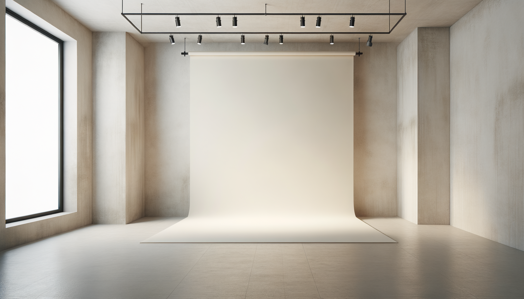 Empty photo studio with a large window on the left, white backdrop on the wall, and ceiling spotlights, minimalistic and modern.
