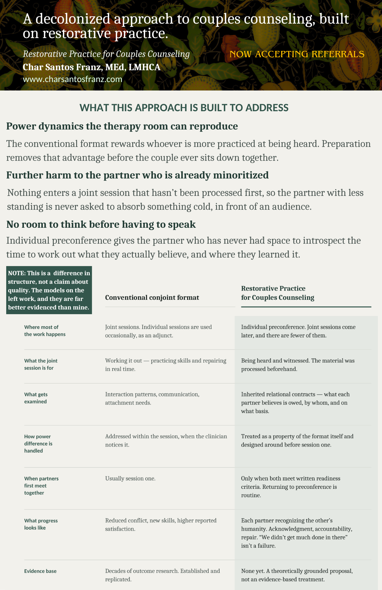 A detailed comparison chart contrasting conventional joint counseling sessions with restorative practice for couples counseling, highlighting differences in structure, purpose, examination focus, handling of power dynamics, and evidence base.