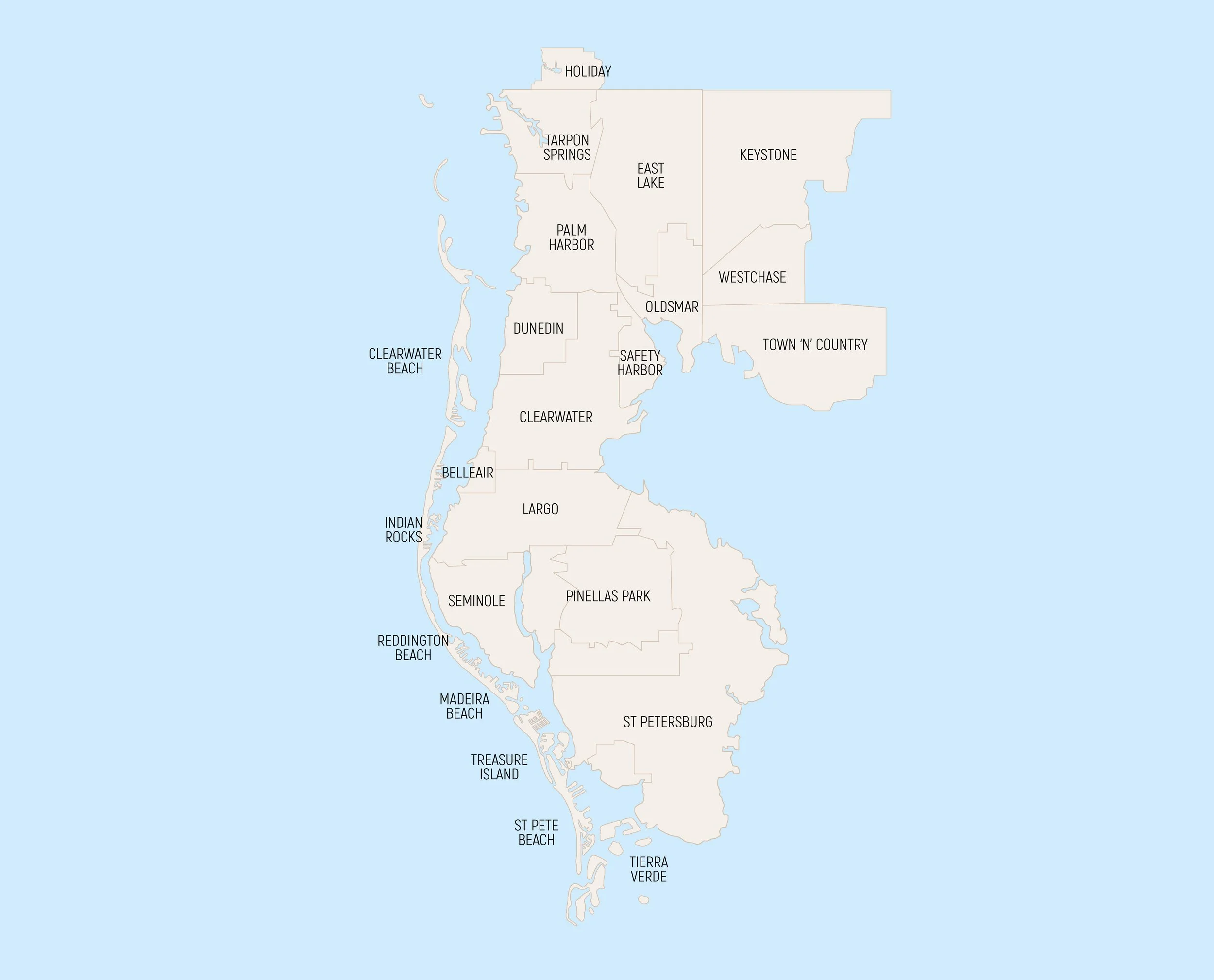 Map of the city of St. Petersburg, Florida with neighborhoods labeled including Oldsmar, Safety Harbor, Dunedin, Clearwater, Largo, Seminole, Redington Beach, Indian Rocks, Belleair, Madeira Beach, Treasure Island, St. Pete Beach, Tierra Verde, Town 'N' Country, Westchase, East Lake, Keystone, Oldsmar, Palm Harbor, Tarpon Springs, Holiday, and others.