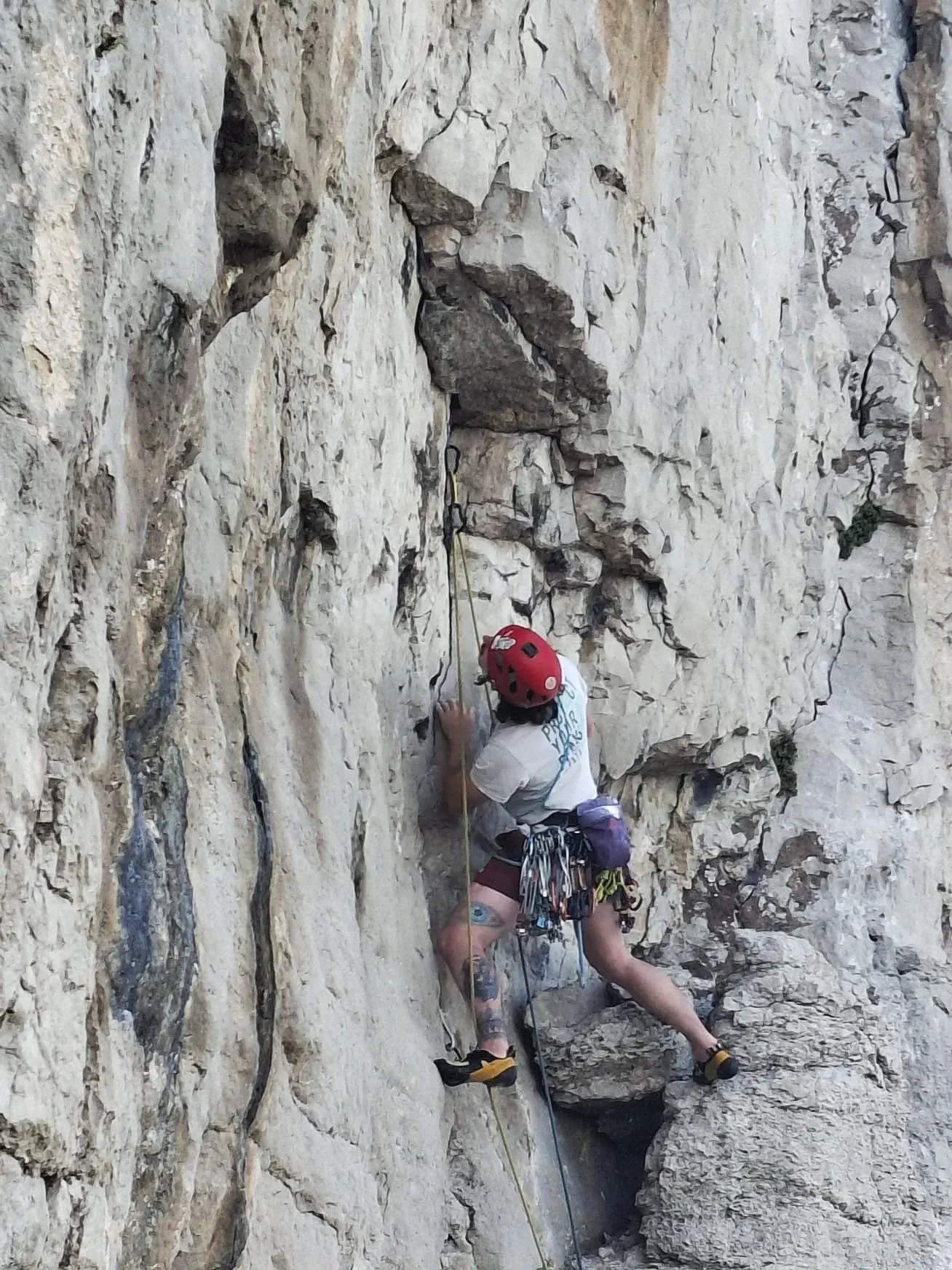 Person rock climbing on a vertical cliff face wearing a red helmet, white t-shirt, and shorts, surrounded by climbing gear. The cliff has a rugged, textured surface.