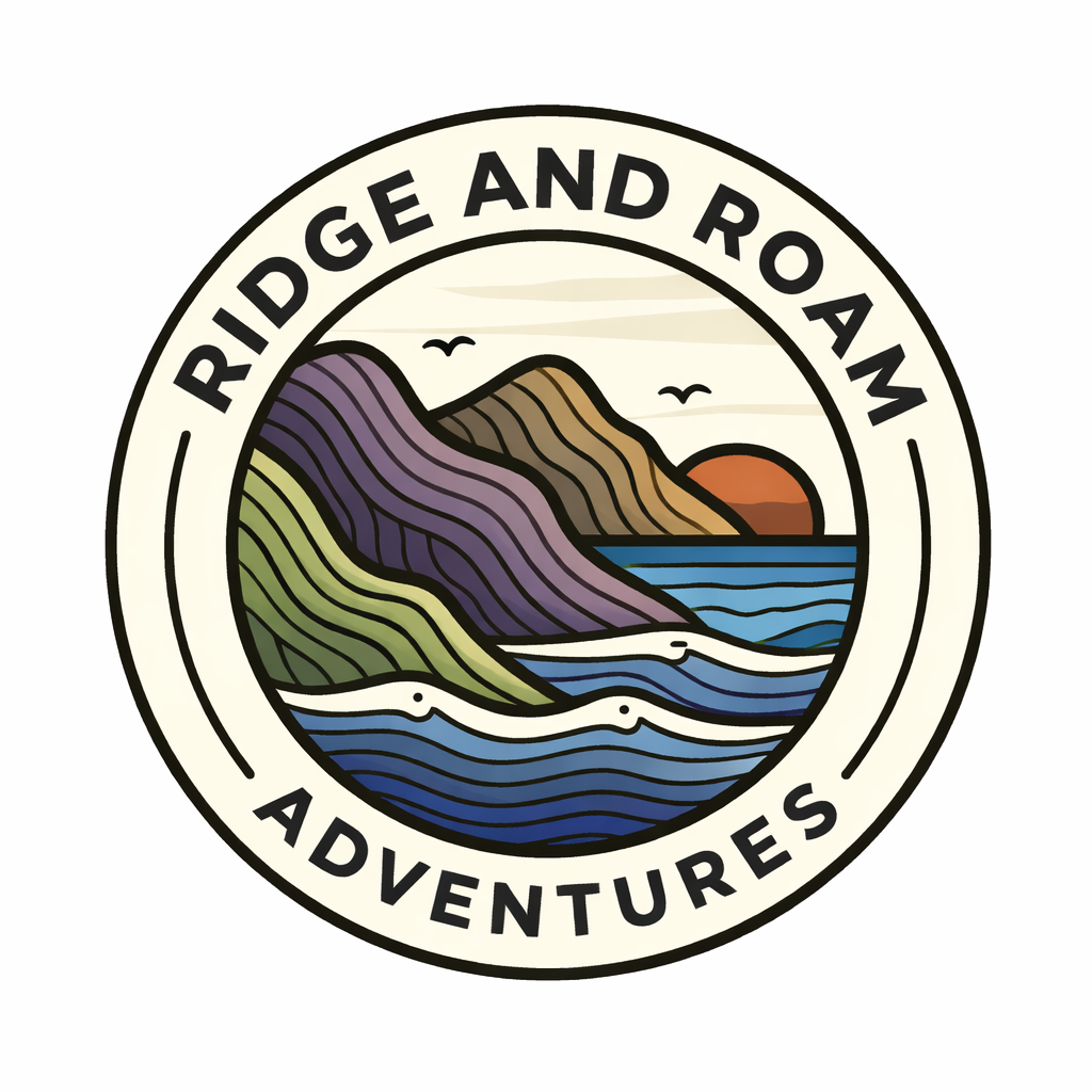 Ridge and roam adventures logo, waves, mountains and sunset