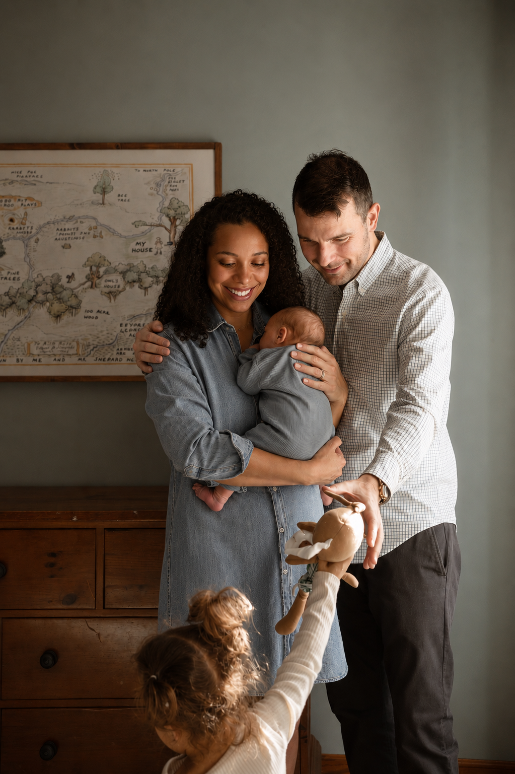 A family of four, including a woman, man, and two children, standing in a room with a framed map on the wall. The woman is holding a baby, and the man and a young girl are playing with a stuffed animal.
