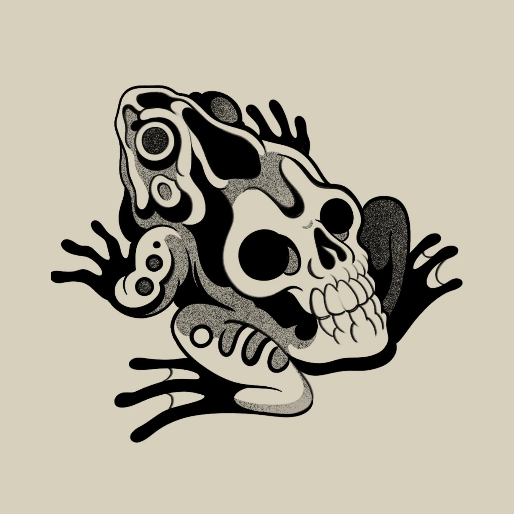 Abstract black and white illustration of a human skull with artistic details and patterns, against a plain beige background.