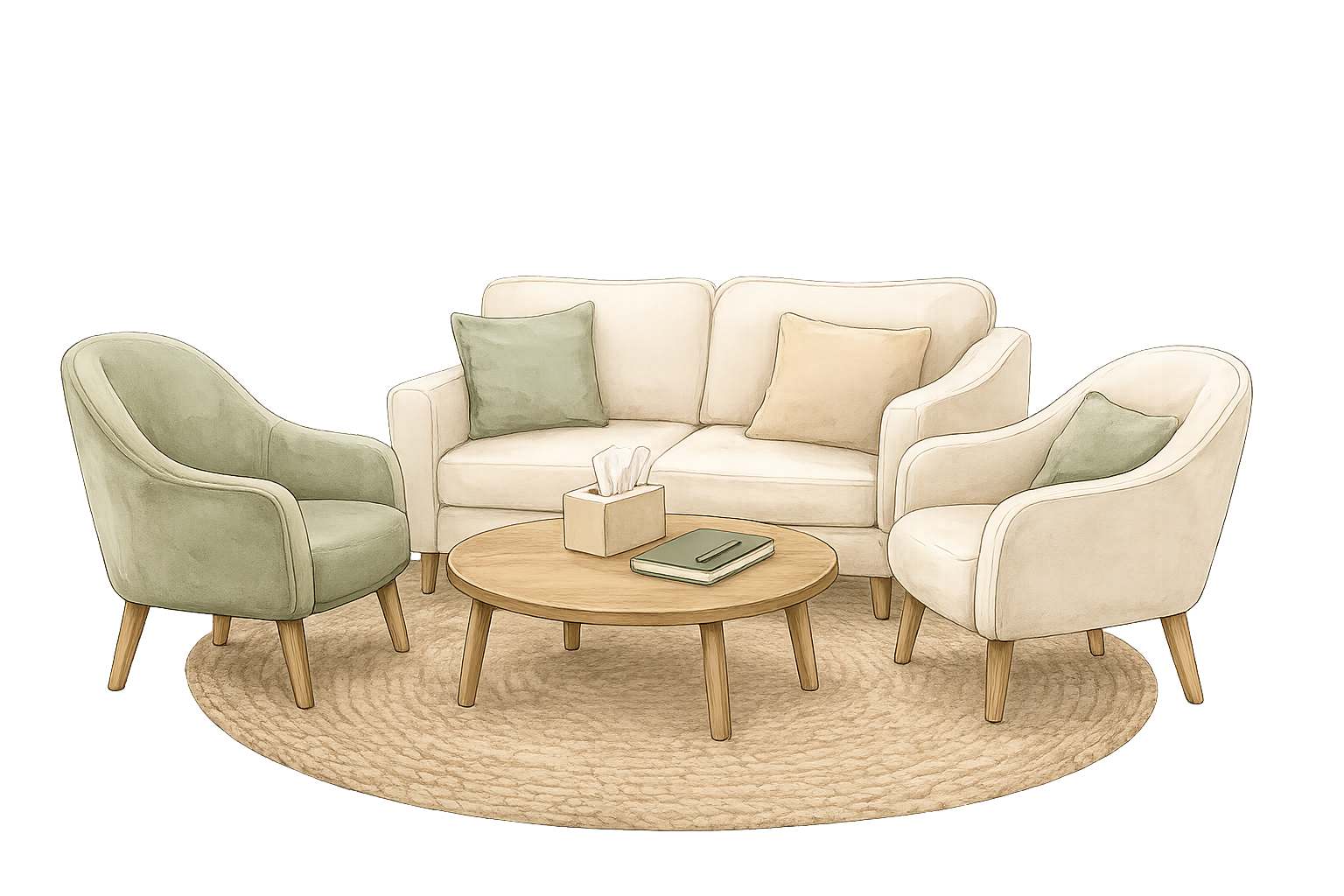A cozy living room setup with a white sofa, two armchairs, a wooden coffee table, a round beige rug, and decorative pillows