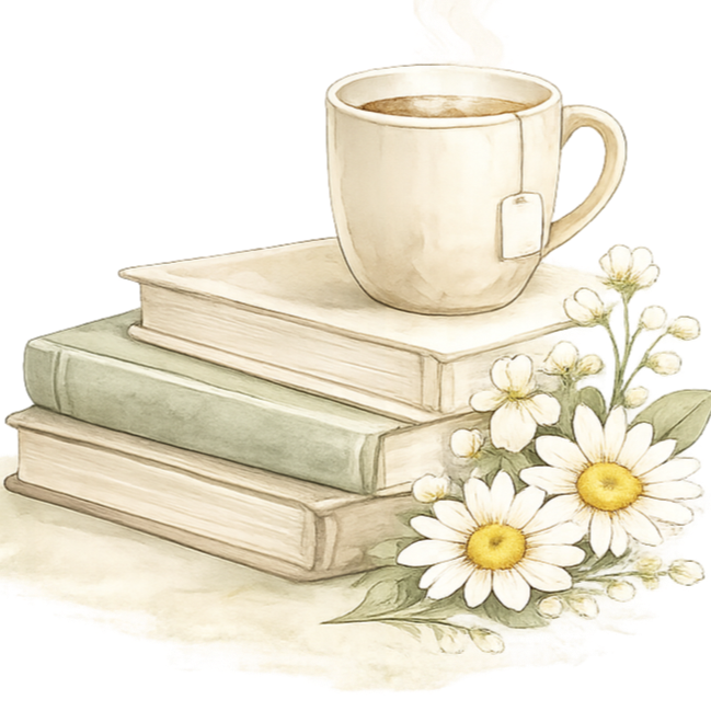 Watercolor painting of a white coffee mug on top of three stacked books, with white daisies and small white flowers beside them.