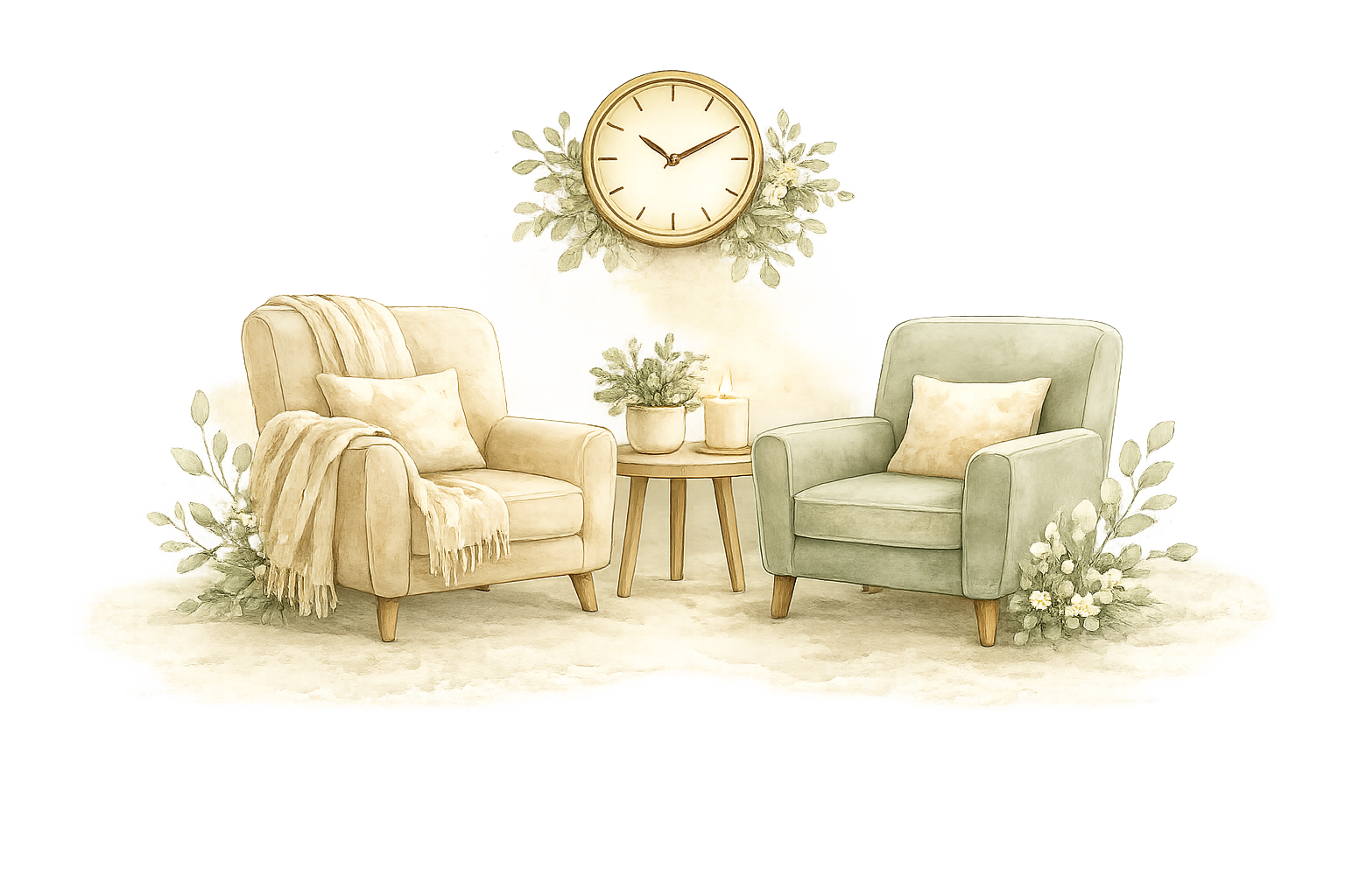 A cozy living room with two armchairs, one beige and one light green, positioned around a small round wooden table with candles and a potted plant. A large wall clock with a floral design hangs above.